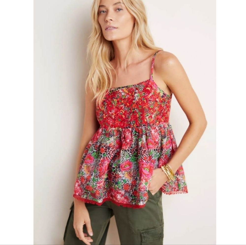 RARE Payal Jain Anthropologie Carine Embroidered Babydoll Blouse Size XS Red